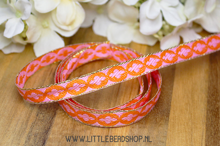 Woven Ribbon Patterns Orange & Light Pink & Gold, per meter