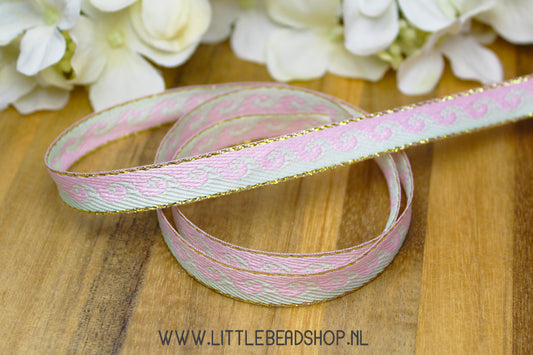 Woven Ribbon Waves Pastel Pink & Light Green & Gold, per meter