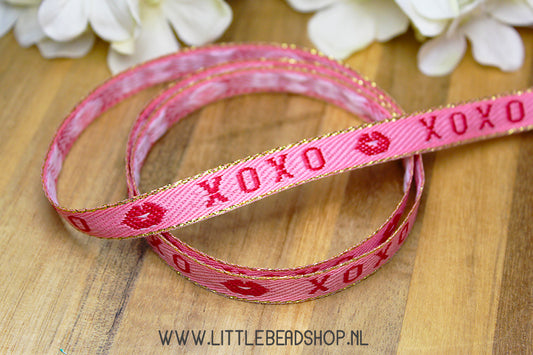 Woven Ribbon XOXO Pink & Gold, per meter
