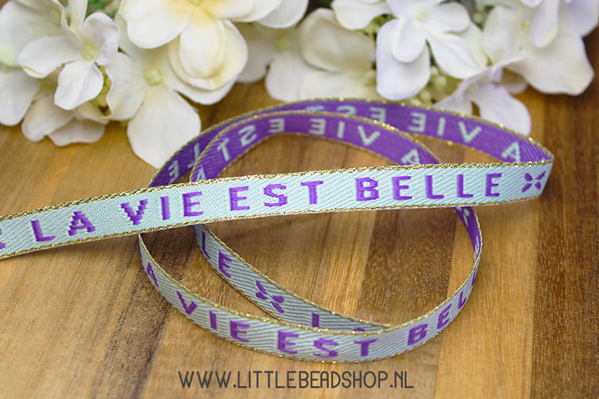 Woven Ribbon La Vie Est Belle Light Blue & Purple & Gold, per meter