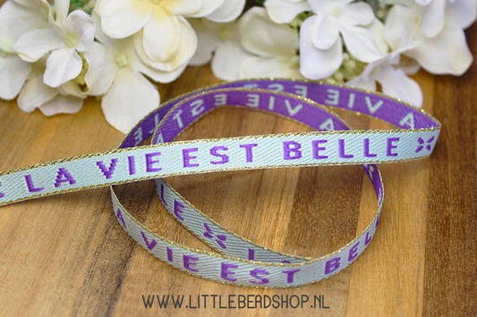Woven Ribbon La Vie Est Belle Light Blue & Purple & Gold, per meter