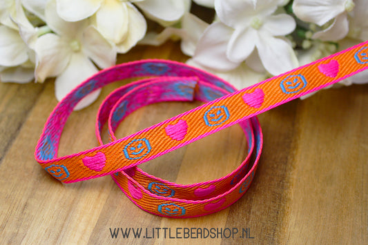 Woven Ribbon Smiley Orange, Pink & Blue, per meter