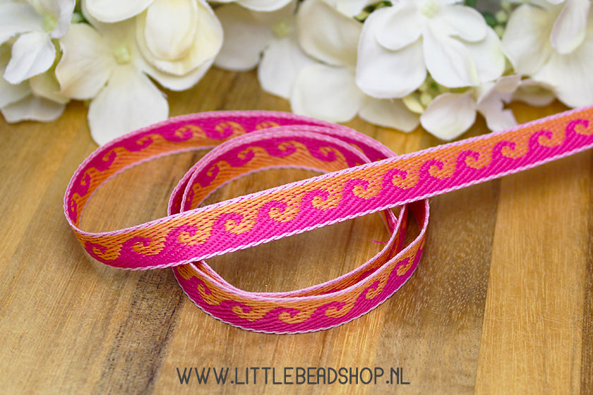 Woven Ribbon Waves Orange & Pink, per meter