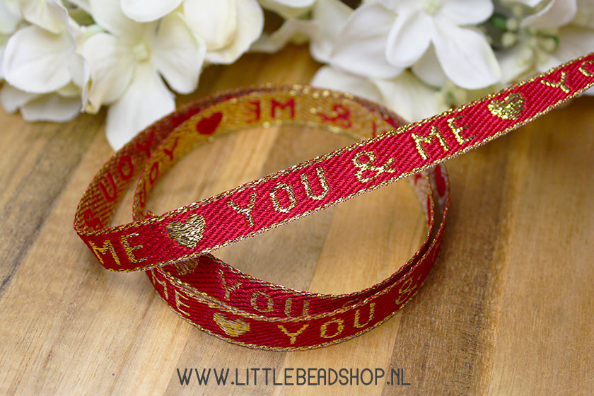 Woven Ribbon You and Me Red & Gold, per meter