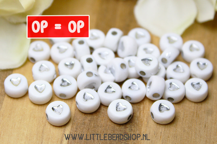 Heart beads White/Silver 7mm, 50 pieces