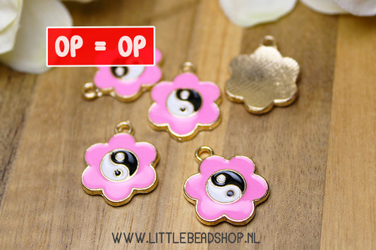 Enamel Charms Yin Yang Pink Flower, per piece
