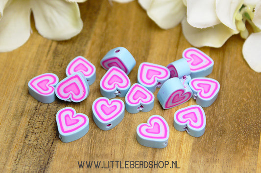 Polymer Beads Heart Gray-Blue & Pink, +/- 15 pieces