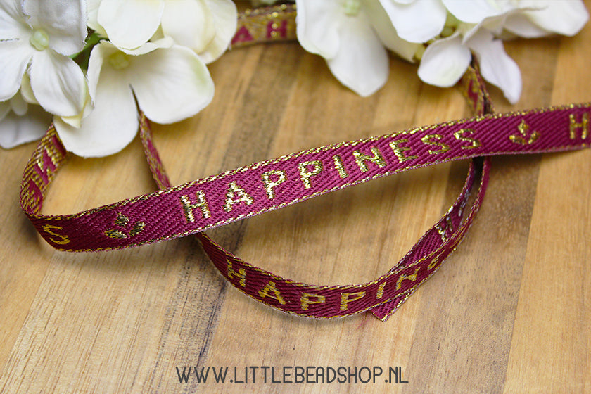 Woven Ribbon Happiness Bordeaux & Gold, per meter