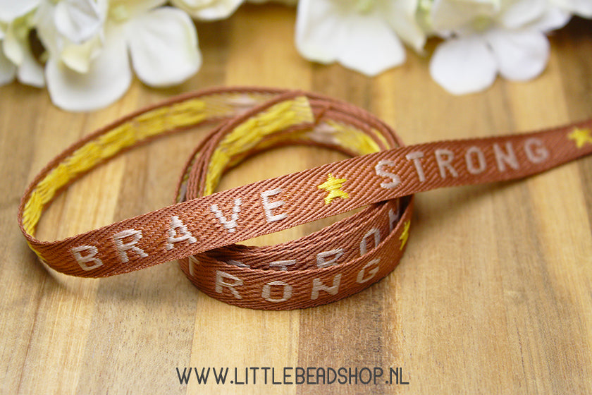 Woven Ribbon Brave Strong Brown & Beige, per meter