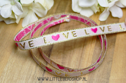 Woven Ribbon Love Light Pink & Gold, per meter