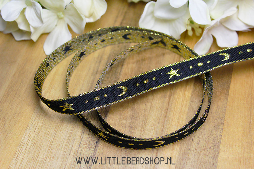 Woven Ribbon Moon and Star Black & Gold, per meter