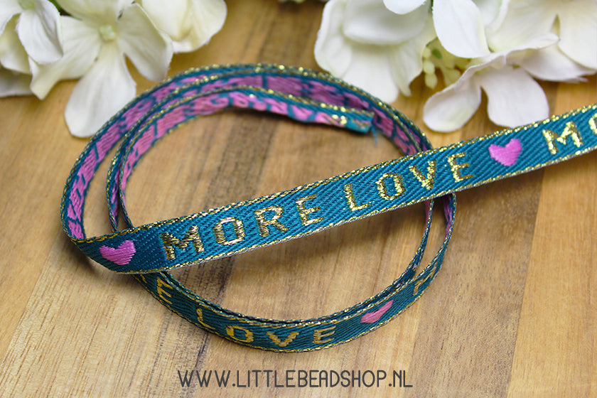 Woven Ribbon More Love Teal Blue & Gold, per meter