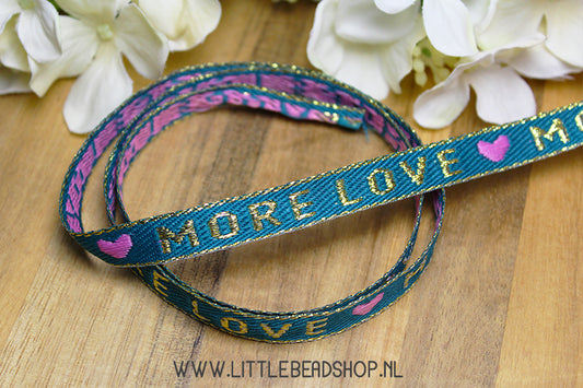 Woven Ribbon More Love Teal Blue & Gold, per meter