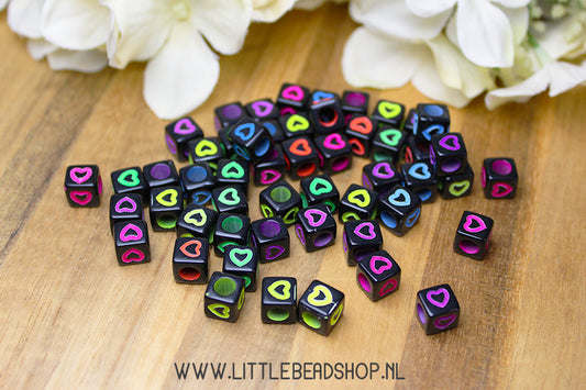 Acrylic Beads Square Heart Neon & Black 7mm, +/- 50 pieces