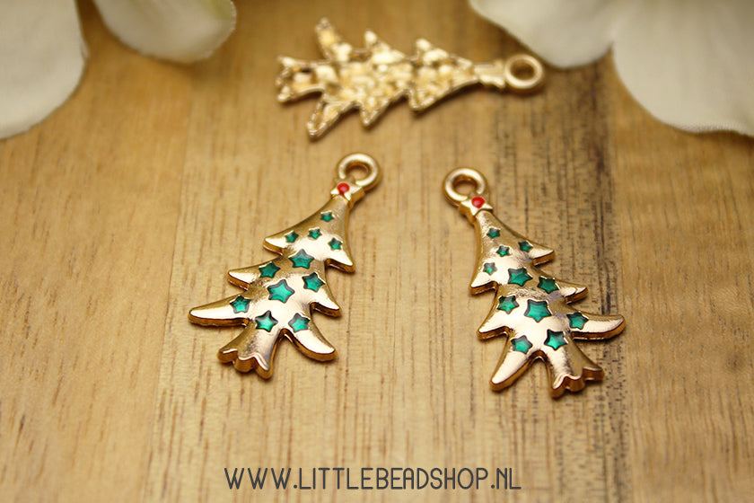 Emaille Bedels Kerstboom met groene Sterren, per stuk