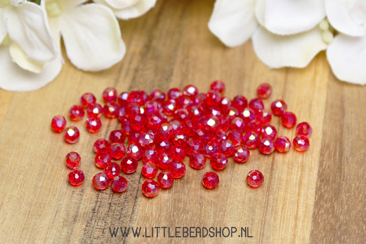 Facet kralen 4mm Red Transparant Shine, +/- 110 stuks