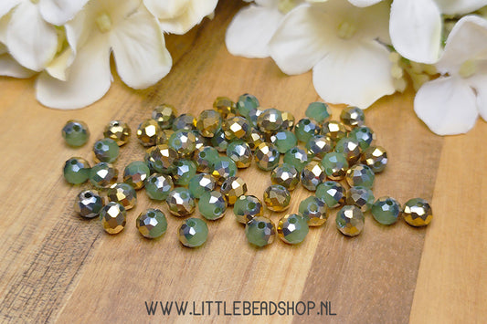 Faceted beads 6mm Soft Green / Gold, 80 pieces