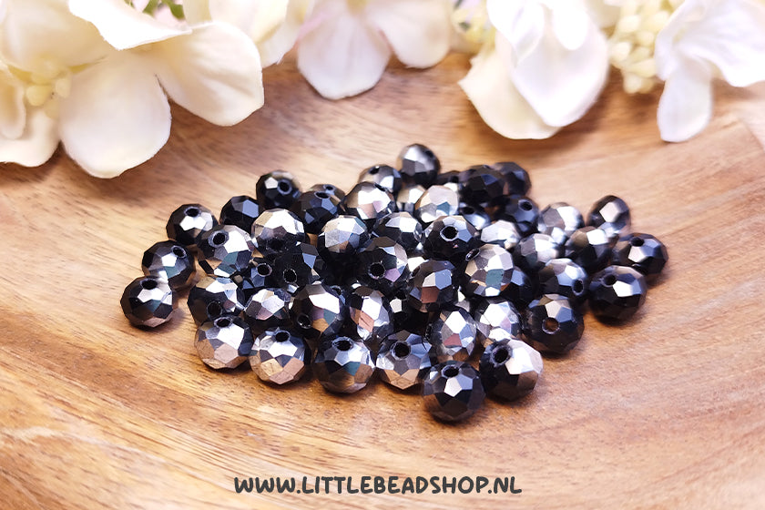 Facetkralen 8mm Black & Silver rondel, +/- 60 stuks