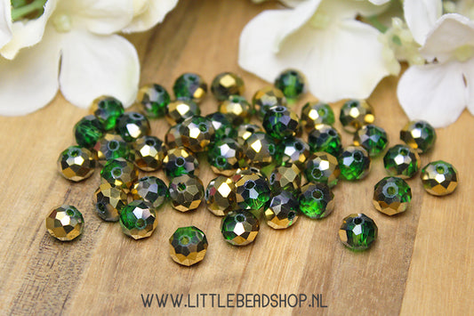 Facet kralen 8mm Dark Green & Gold, +/- 60 stuks