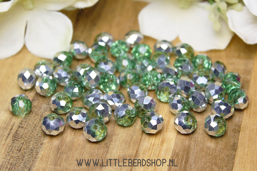 Facet kralen 8mm Licht Groen & Zilver, +/- 60 stuks