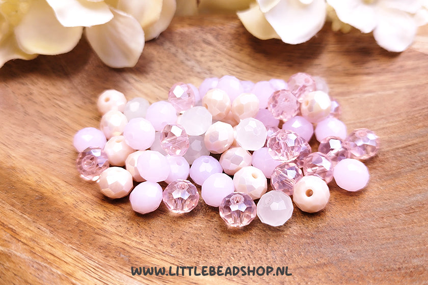 Facetkralen mix 8mm Pastel Pink rondel, +/- 60 stuks