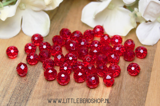 Facet kralen 8mm Deep Red Transparant, +/- 60 stuks