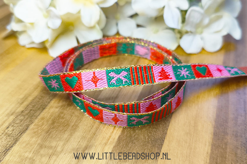 Geweven Lint Festive Patterns Roze, Groen & Goud, per meter