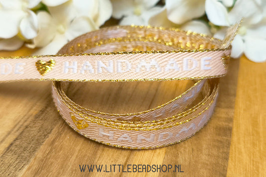 Woven Ribbon Handmade Beige, White & Gold, per meter