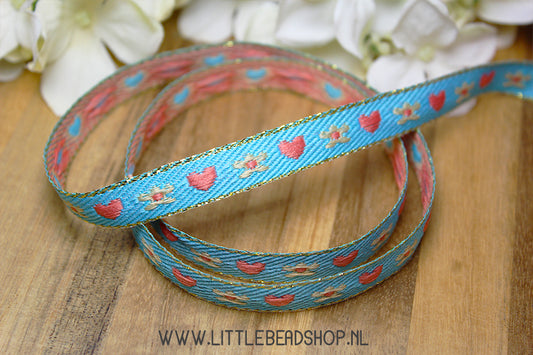 Woven Ribbon Heart & Flowers Blue & Gold, per meter