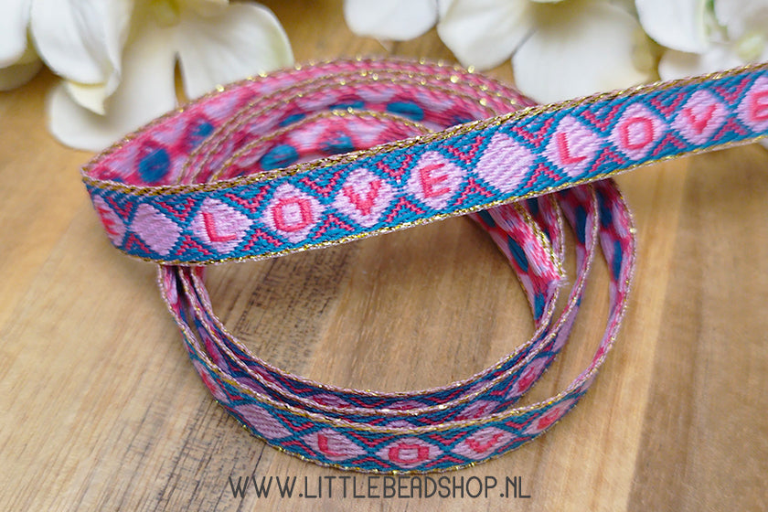 Woven Ribbon Love Red & Pink & Blue & Gold, per meter