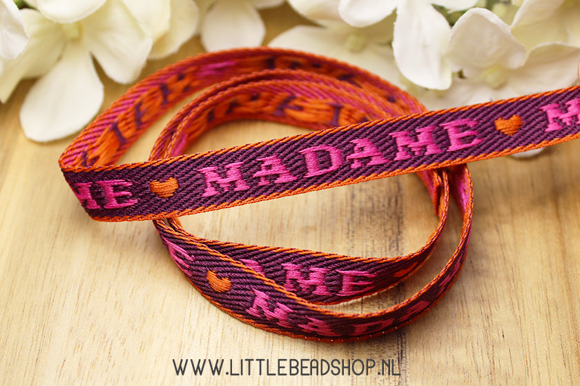 Geweven Lint Madame Paars, Roze & Goud, per meter