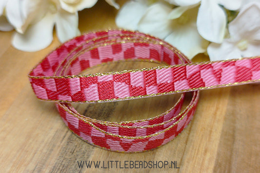 Geweven Lint Pattern Rood & Roze & Goud, per meter