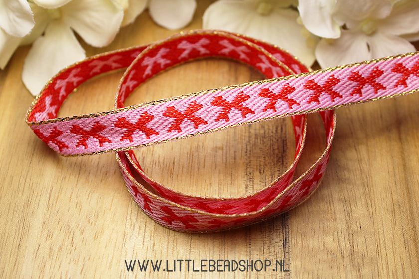 Geweven Lint Strikje Rood, Roze & Goud, per meter