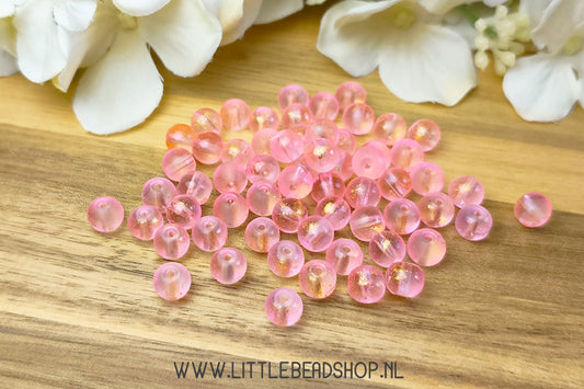 Frosted Glass Beads Transparent & Pink & Gold 6mm, +/- 60 pieces