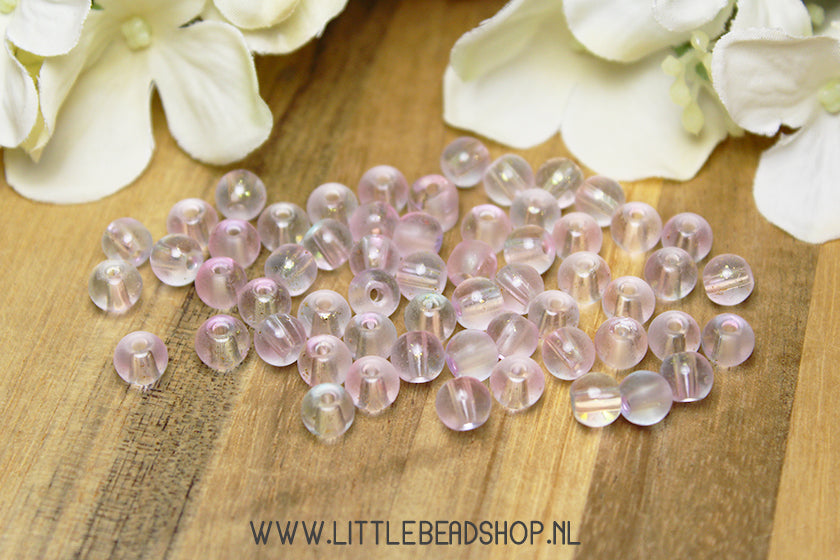 Glaskralen Frosted Transparant & Lichtroze & Goud 6mm, +/- 60 stuks
