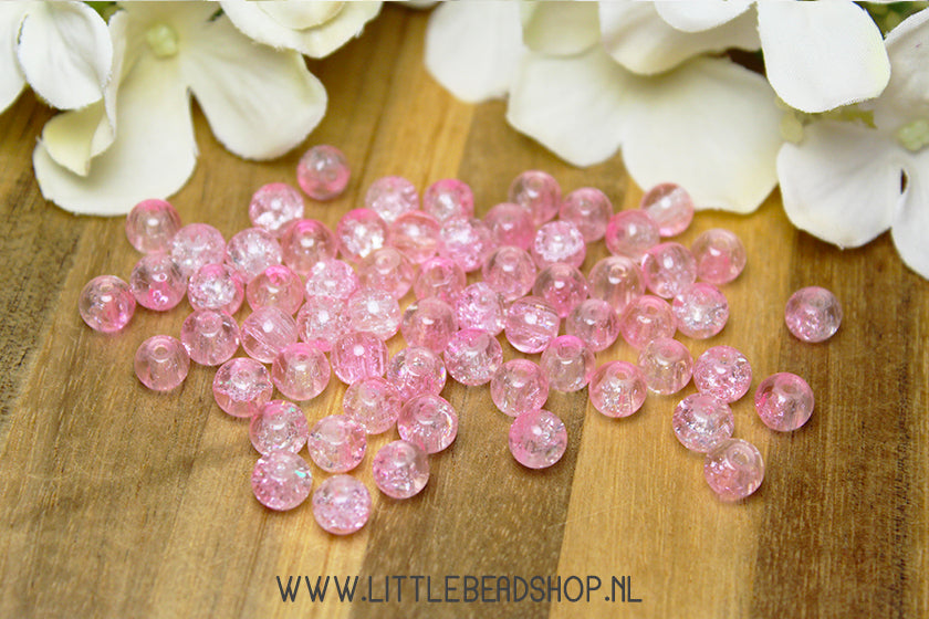 Glaskralen Crackle Lichtroze & Transparant 6mm, +/- 60 stuks