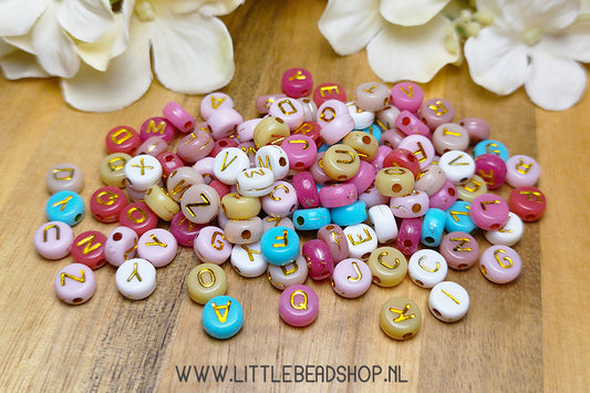 Letterkralen Acryl Naturel & Goud 7mm, +/- 200 stuks