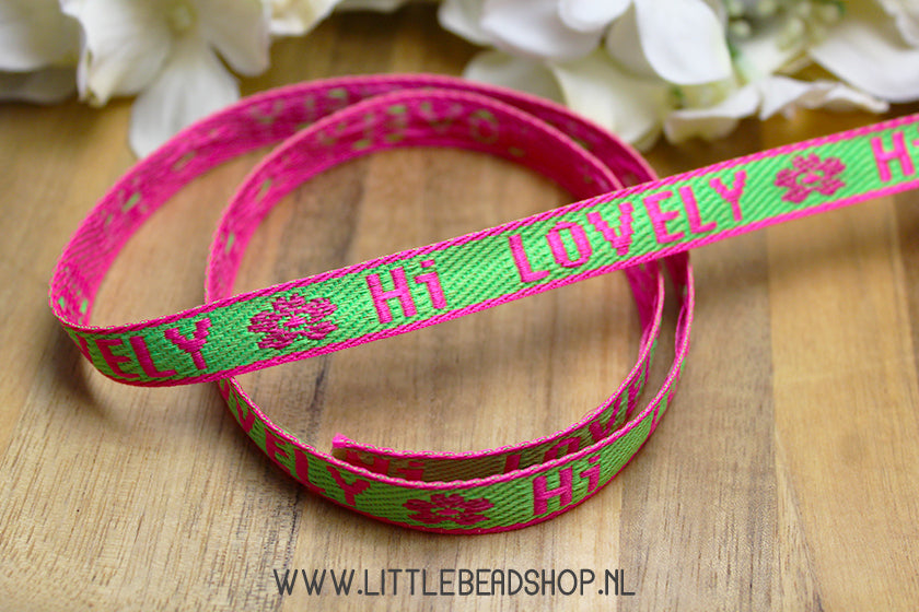 Woven Ribbon Hi Lovely Green & Pink, per meter