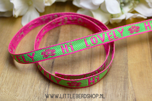 Woven Ribbon Hi Lovely Green & Pink, per meter