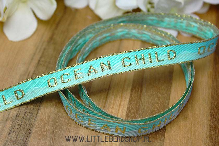 Woven Ribbon Ocean Child Mint Blue & Gold, per meter