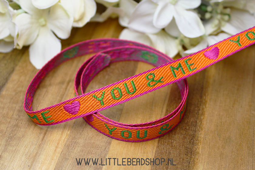 Woven Ribbon You and Me Orange, Pink & Green, per meter