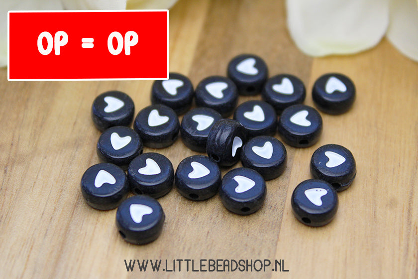 Hartjes kralen Zwart & Wit 7mm, 50 stuks