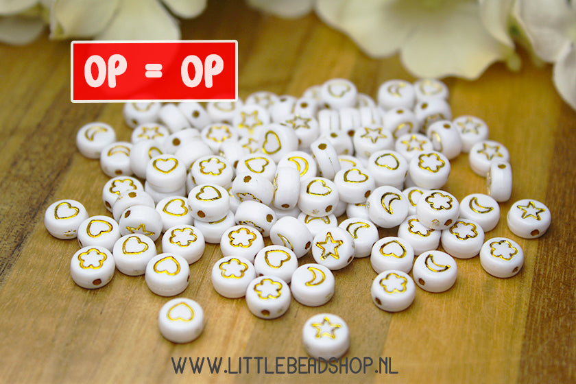Acryl kralen Silhouetten Mix Wit & Goud 7mm, 100 stuks