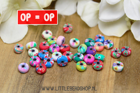 Polymer Beads Small Rondelle with Flower Mix, +/- 30 pieces