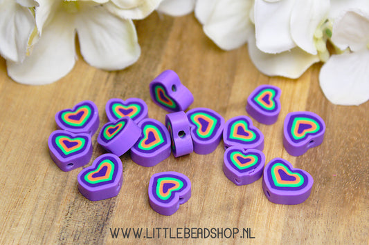 Polymer Beads Heart Purple & Orange, +/- 15 pieces