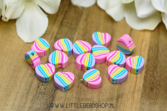 Polymer Beads Heart Pastel Rainbow, +/- 15 pieces