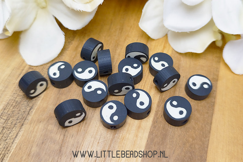 Polymeer Kralen Yin Yang Zwart-Wit, +/- 15 stuks