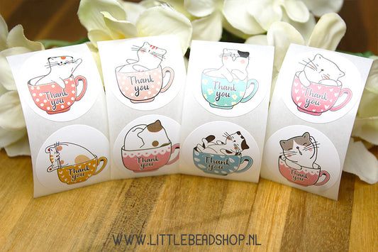Stickers Cat in Cup Thank You 25mm, 16 pieces