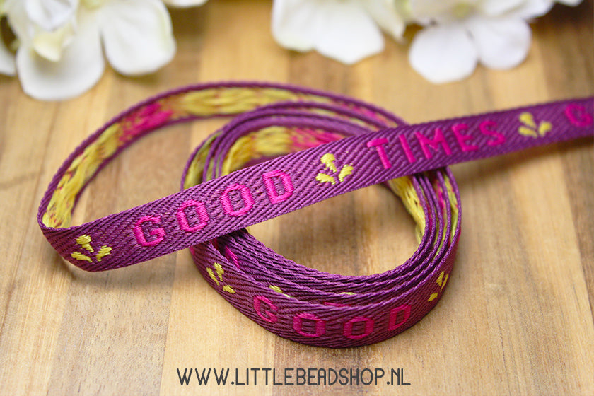 Woven Ribbon Good Times Purple Pink & Yellow, per meter
