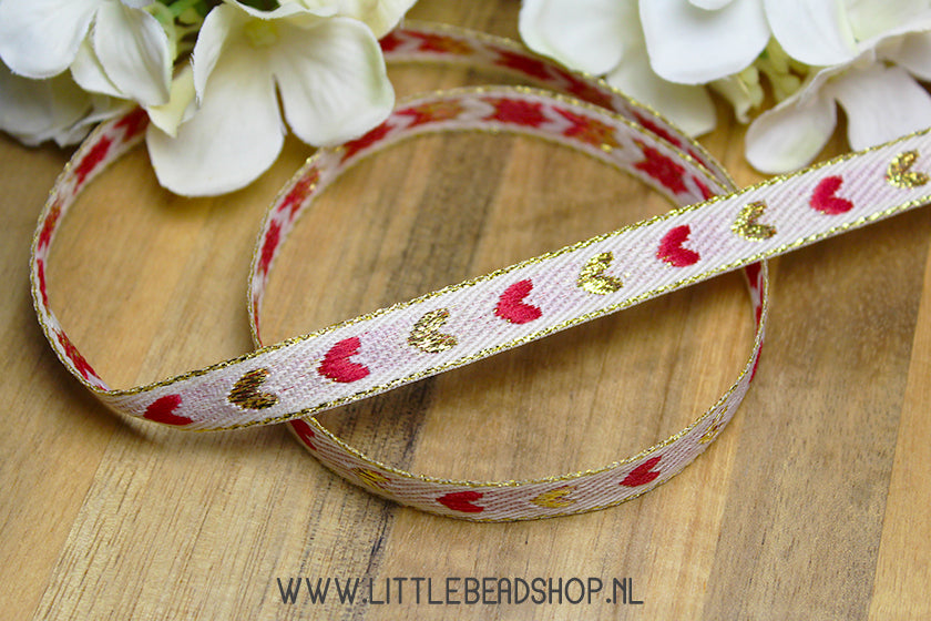 Geweven Lint Hearts Lichtroze, Rood & Goud, per meter